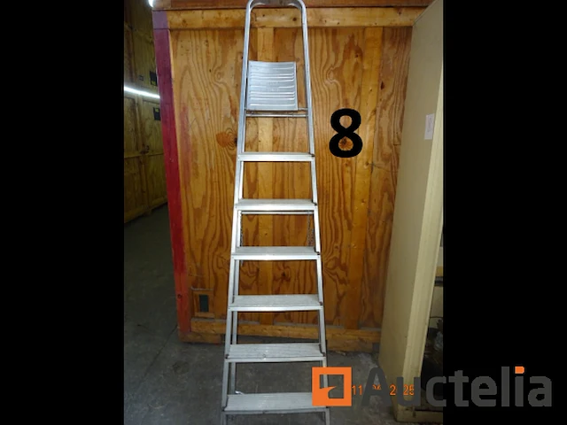 1 beige metalen kast, twee linker en rechter schuifluiken, 120/42/198 inclusief banden, wielen, jerrycans met diverse producten, metalen onderdelen, set osb-panelen rechts van de kast, 1 ladder 6 treden - afbeelding 6 van  8