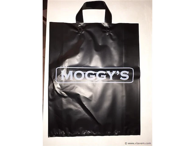 1 doos met 400 zwarte stevige draagtassen maat ; 35 cm x 2x6 cm x h 45 cm bedrukt ; moggy 's - afbeelding 1 van  1