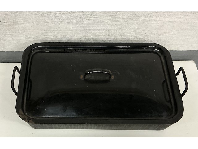 1 grote zwart/blauwe emaille ovenschotel, rechthoekig met deksel - afbeelding 1 van  3