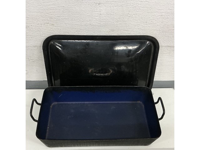 1 grote zwart/blauwe emaille ovenschotel, rechthoekig met deksel - afbeelding 2 van  3
