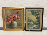 1 lot: 2 x schilderijtjes - klaprozen en landschap - afbeelding 1 van  2