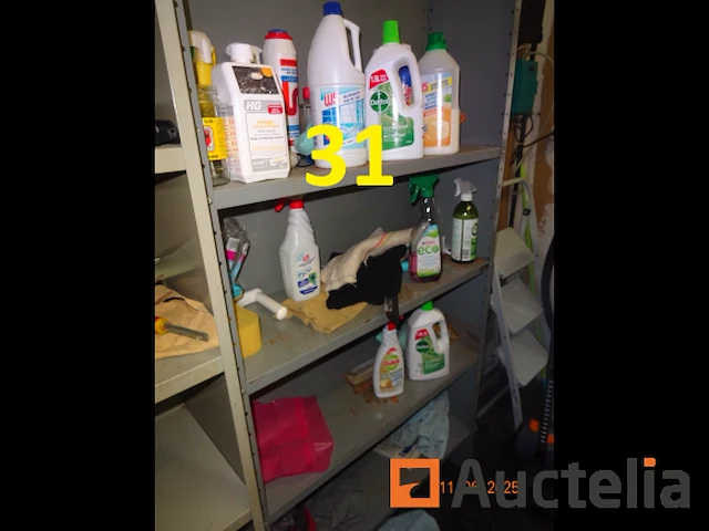 1 metalen ladder met drie treden in wit, 1 heggenschaar, 1 zeegma sledestofzuiger, 1 hoover sledestofzuiger, 2 metalen legborden +/- 220 hoog inclusief diverse producten, navulling voor tork apparaat, jerrycan, diverse onderhoudsproducten - afbeelding 7 van  9