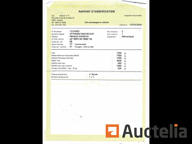 1 renault kangoo bestelwagen, 1e inschrijving 12/07/2017, chassis 419014, cil. 1461cc, 55 kw, diesel, immat1cch903, twee achterdeuren, rechter zijdeur, trekhaak, 5 versnellingen, 2 kentekenkleppen (huis en voertuig), 1 certificaat van overeenstemming, 1 identificatierapport, 1 technisch keuringscertificaat, - afbeelding 24 van  32
