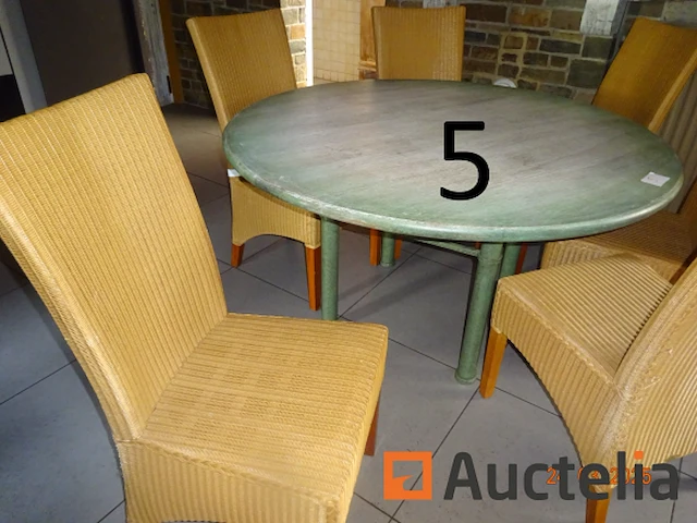 1 ronde tafel in zeegroen hout, diam. 140, 6 rotan stoelen - ref:9966-005 - afbeelding 1 van  4