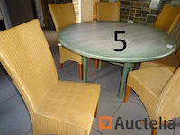 1 ronde tafel in zeegroen hout, diam. 140, 6 rotan stoelen - ref:9966-005