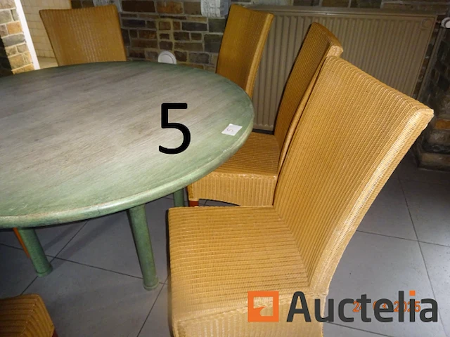 1 ronde tafel in zeegroen hout, diam. 140, 6 rotan stoelen - ref:9966-005 - afbeelding 2 van  4