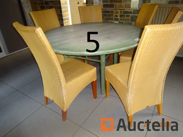 1 ronde tafel in zeegroen hout, diam. 140, 6 rotan stoelen - ref:9966-005 - afbeelding 3 van  4