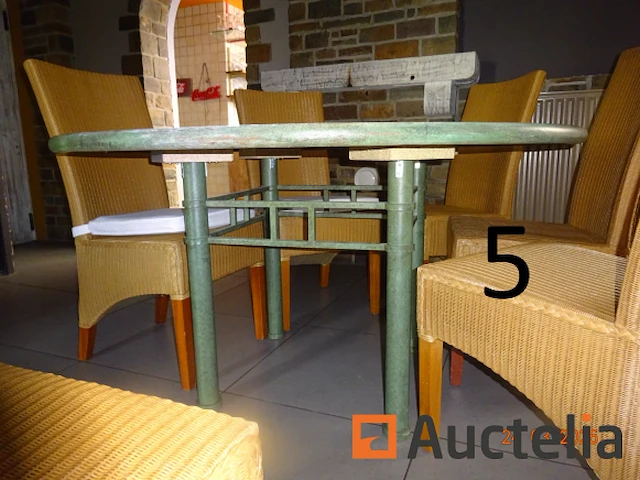 1 ronde tafel in zeegroen hout, diam. 140, 6 rotan stoelen - ref:9966-005 - afbeelding 4 van  4