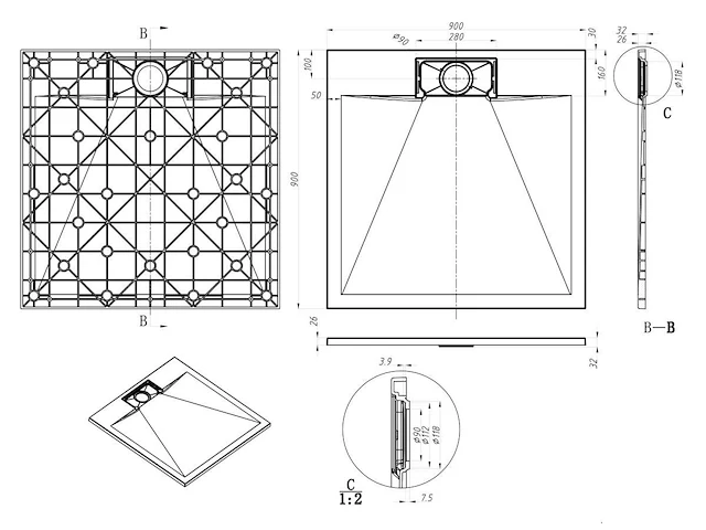 1 x 90x90cm smc douchebak - wit - afbeelding 7 van  7