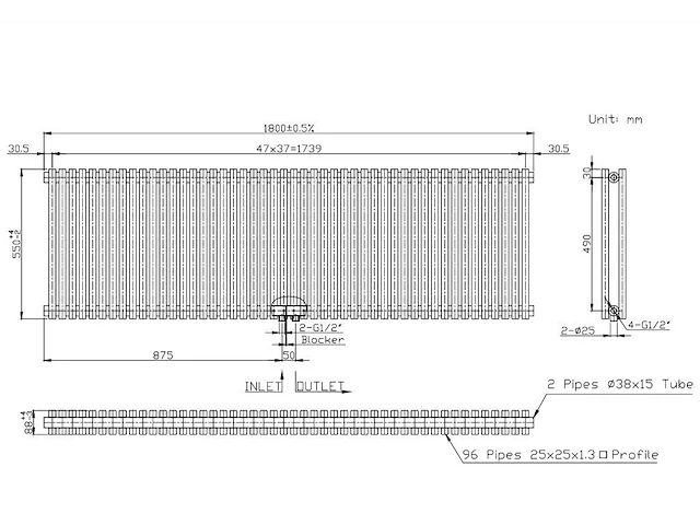 1 x h550xb1800 horizontaale designradiator mat zwart - afbeelding 4 van  4