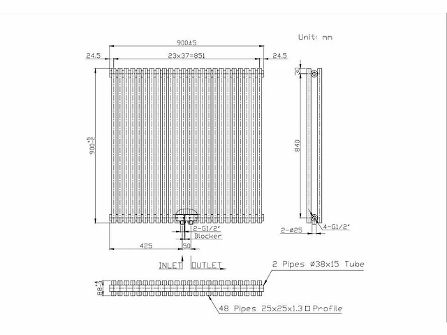 1 x h900xb900 horizontaale designradiator mat zwart - afbeelding 4 van  4