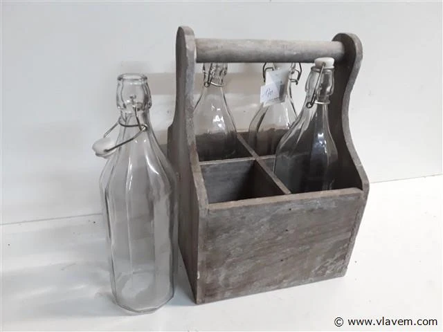 1 x houten draagbak met 4 melkflessen 1 l - afbeelding 1 van  2
