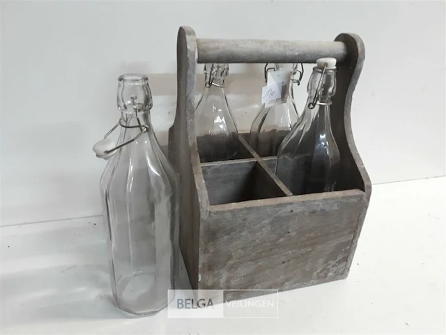1 x houten draagbak met 4 melkflessen 1 l - afbeelding 2 van  3