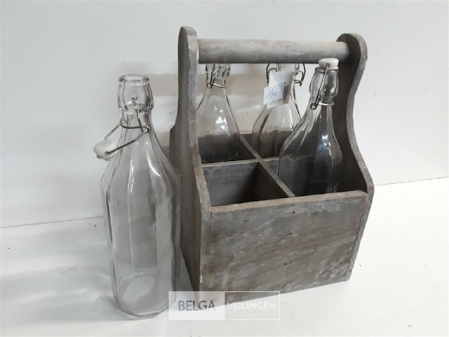 1 x houten draagbak met 4 melkflessen 1 l - afbeelding 2 van  3