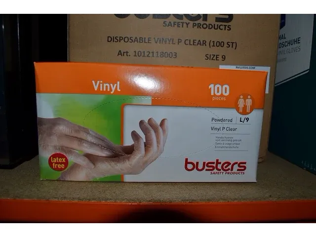 10 dozen x 100 stuks vinyl handschoenen buster maat l - afbeelding 1 van  2