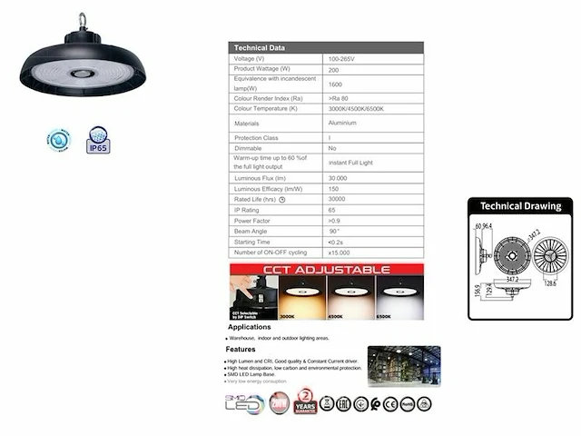 10 x 200w highbay led lamp - 150lm/w - 3cct instelbaar - ip65 waterdicht - afbeelding 6 van  6