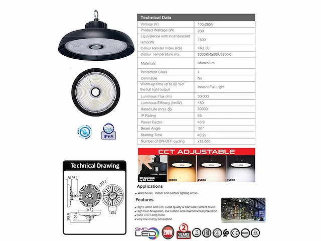 10 x 200w led highbay - 3cct instelbaar kleurtemperatuur (3000k, 4500k, 6500k) via een dip-schakelaar - afbeelding 4 van  5