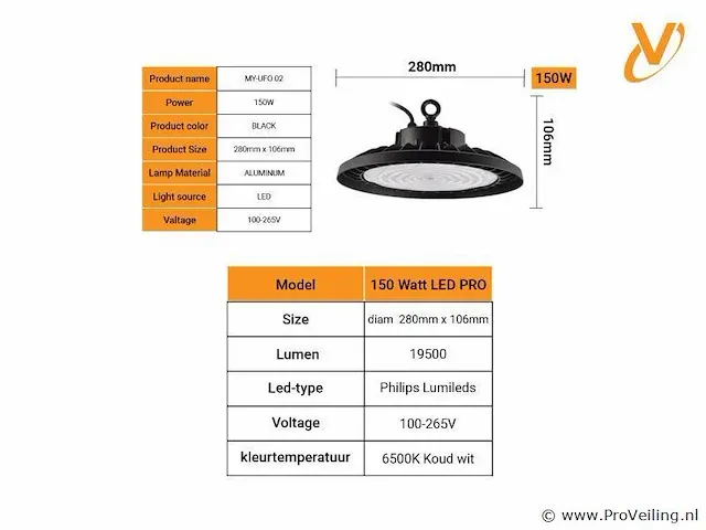 10 x highbay pro 150w - philips lumileds - 130lm/w - 6500k - afbeelding 2 van  5