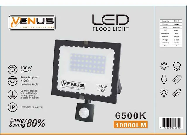 10 x led breedstraler 100w met sensor - 6500k koud wit - waterdicht ip66 - afbeelding 2 van  3