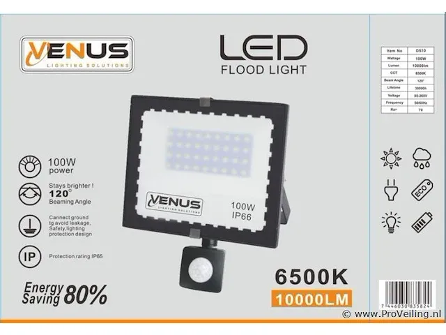 10 x led breedstraler 100w met sensor ip66 - 6500k koud wit - afbeelding 3 van  3