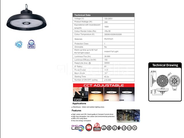10 x led-lamp highbay 200w – 150 lm/w – 3cct verstelbaar (3000k/4500k/6500k) – ip65 waterdicht - afbeelding 1 van  5