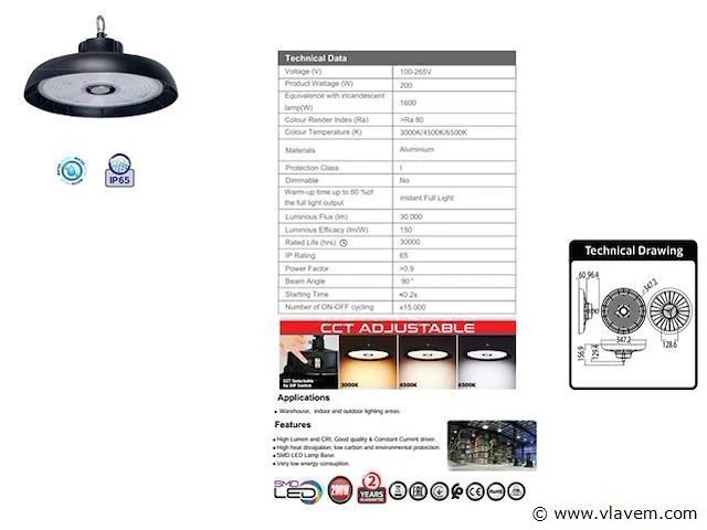 10 x led-lamp highbay 200w – 150 lm/w – 3cct verstelbaar (3000k/4500k/6500k) – ip65 waterdicht - afbeelding 5 van  5
