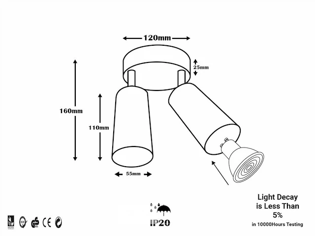 10 x plafondlamp rond gu10 – 2 draaibare spots – zwart – aluminium – ø120 mm – ip20 - afbeelding 5 van  5