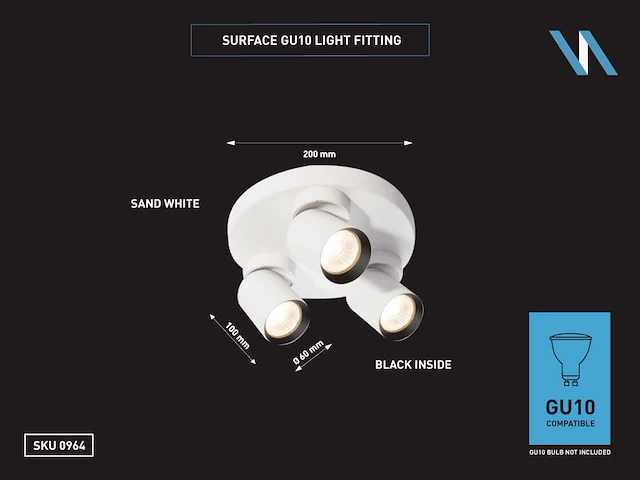 10 x rond gu10 opbouwspot armatuur triple cilinder zand wit en zwart draaibaar - afbeelding 3 van  3
