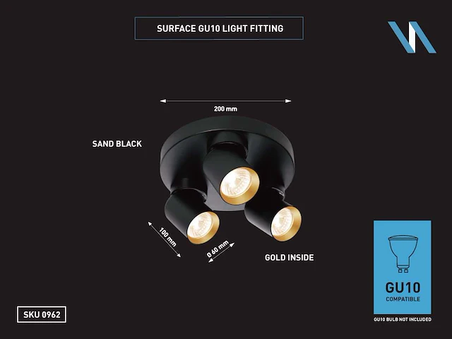 10 x rond gu10 opbouwspot armatuur triple cilinder zand zwart en goud draaibaar - afbeelding 3 van  3