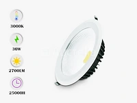 10 x spot cob 30w - led - inbouw - rond - 3000k (warm wit) - afbeelding 4 van  4