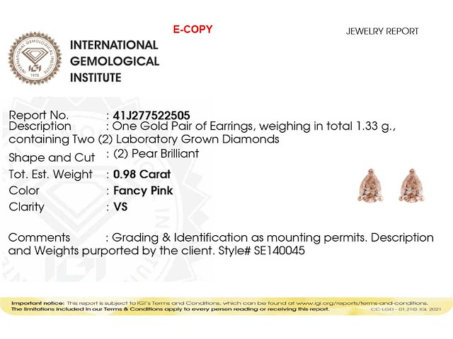 14 kt rosé gouden oorbellen met 0.98 cts roze fancy gekleurde lab grown diamond - afbeelding 2 van  7
