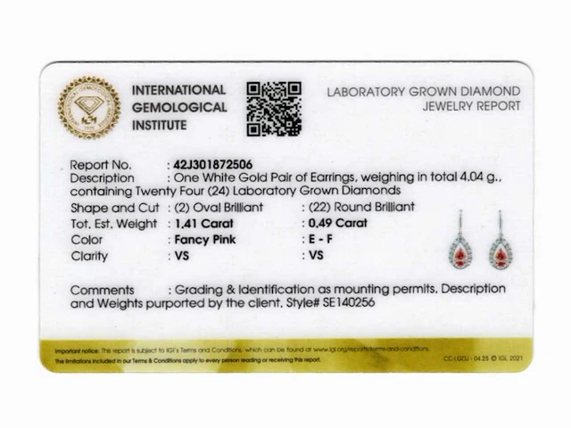 14 kt white gold earring with 1.90 cts lab grown diamond - afbeelding 6 van  7