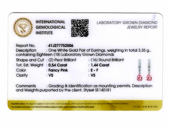 14 kt white gold earring with 1.98 cts lab grown diamond - afbeelding 8 van  8