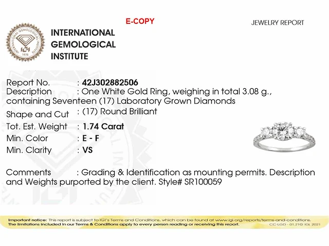 14 kt white gold ring with 1.74 cts lab grown diamond( size -eu-54) - afbeelding 6 van  7