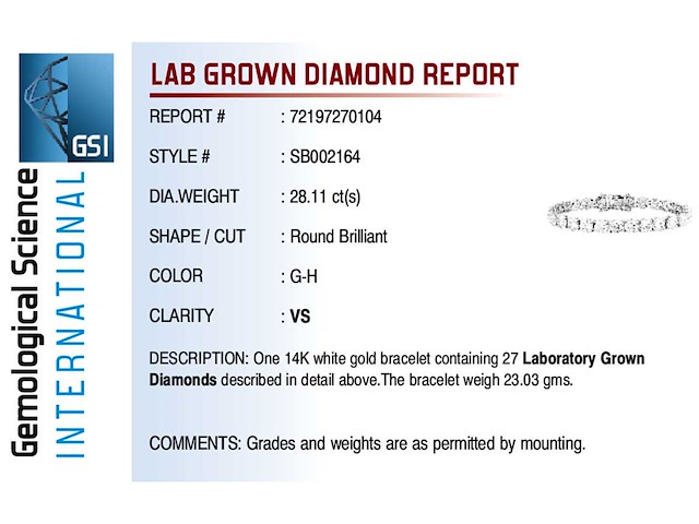 14 kt witgoud 28,11cts laboratoriumgekweekte diamanten tennisarmband met gsi-certificaat (elke steen 1,00 cts) - afbeelding 9 van  9