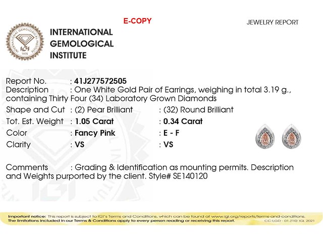 14 kt witgouden oorbel met 1.39 cts lab grown diamond - afbeelding 1 van  7