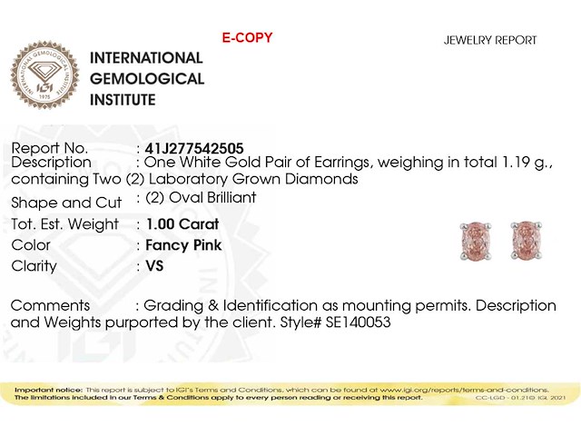 14 kt witgouden oorbellen met 1.00cts roze fancy gekleurde lab gekweekte diamant - afbeelding 2 van  8