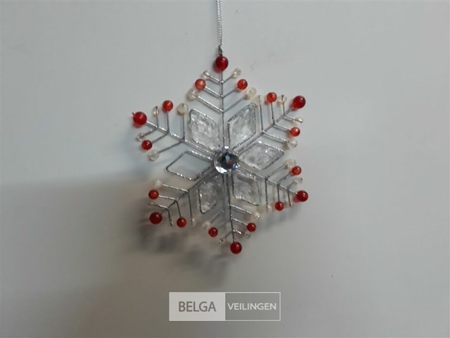15 x hangdeco sneeuwvlok met rode bollen 15 cm - afbeelding 3 van  3