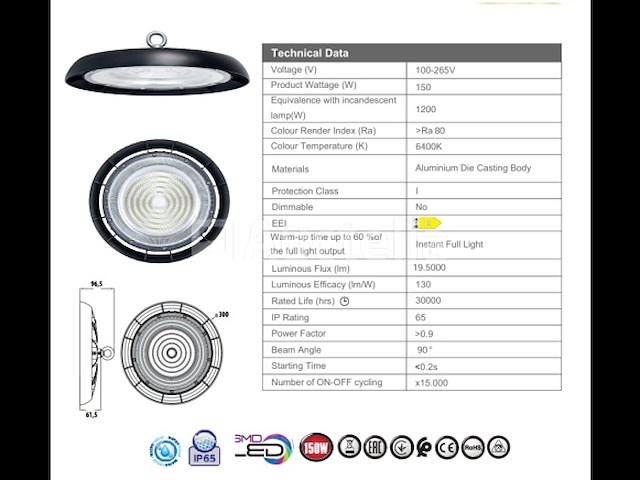 15 x highbay led slim 150w – 6500k koud wit – ufo ip65 waterdicht – 19.500 lm - afbeelding 1 van  4