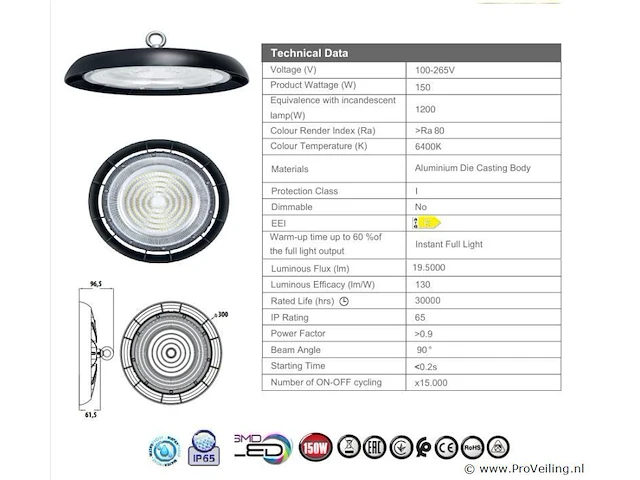 15 x highbay led slim 150w – 6500k koud wit – ufo ip65 waterdicht – 19.500 lm - afbeelding 4 van  4
