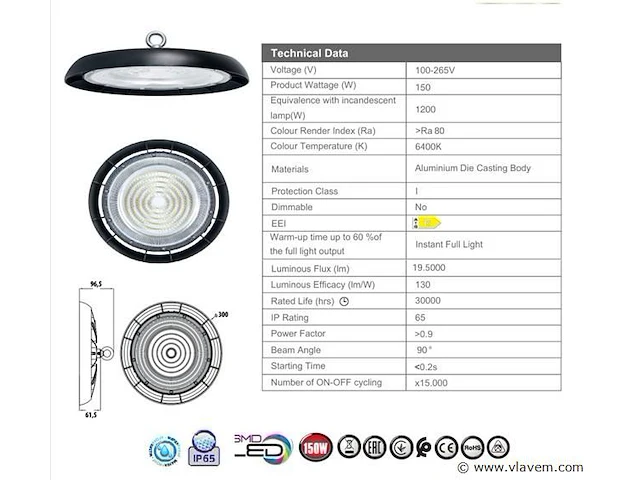 15 x highbay led slim 150w – 6500k koud wit – ufo ip65 waterdicht – 19.500 lm - afbeelding 4 van  4