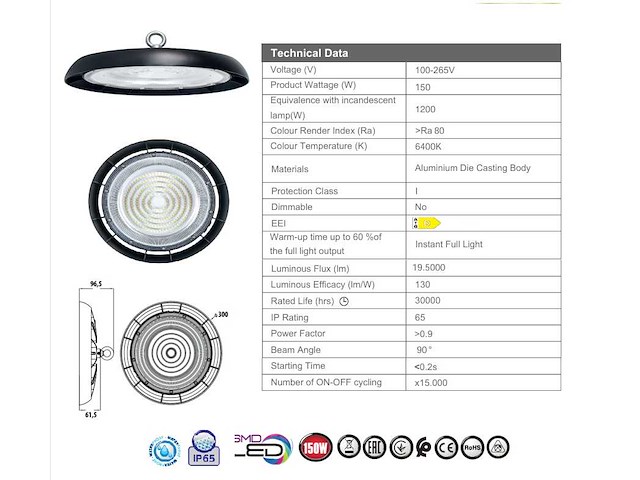 15 x highbay led slim 150w – 6500k koud wit – ufo ip65 waterdicht – 19.500 lm - afbeelding 4 van  4