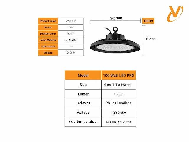 15 x led highbay pro 100w - philips lumileds - 130lm/w - koud wit 6500k - afbeelding 2 van  5