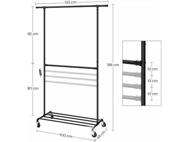 15x kledingrek met wieltjes - zwart - 130x49x198 - afbeelding 3 van  6