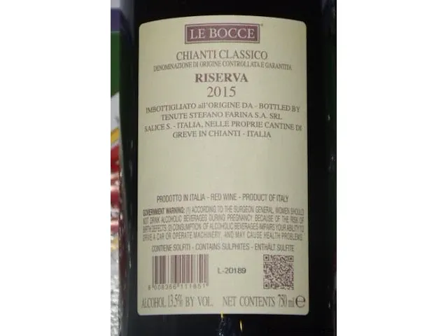 18 flessen à 75cl rode wijn le bocce, stefano farina, chianti classico, riserva, 2015, 13,5% - afbeelding 2 van  2