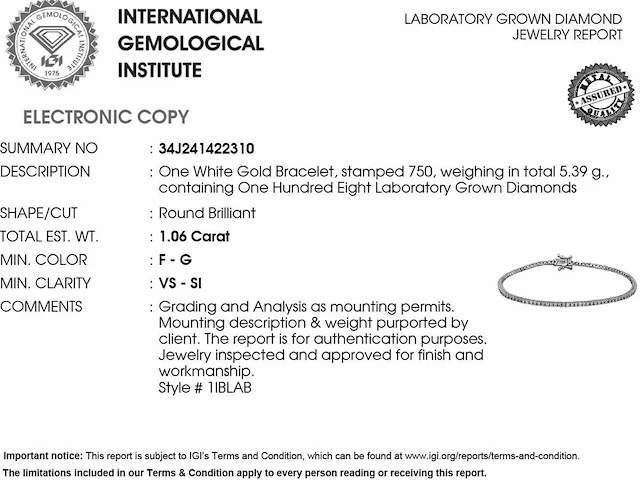 18 kt white gold bracelet with 1.06 cts lab grown diamond - afbeelding 8 van  8
