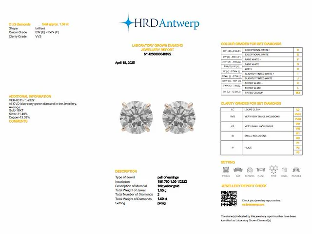 18k geelgouden oorbellen met 1.09 ct ronde diamanten - (hrd gecertificeerd) - afbeelding 3 van  3