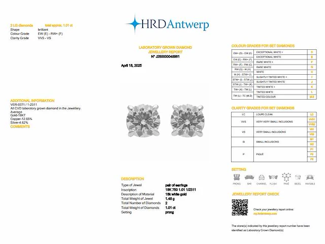 18k witgouden oorbellen met 1.01 ct ronde diamanten - (hrd gecertificeerd) - afbeelding 3 van  3