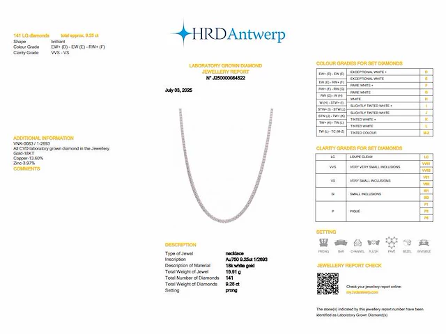 18k witgouden tennisketting met 9.25 ct diamant - (hrd gecertificeerd) - afbeelding 3 van  3