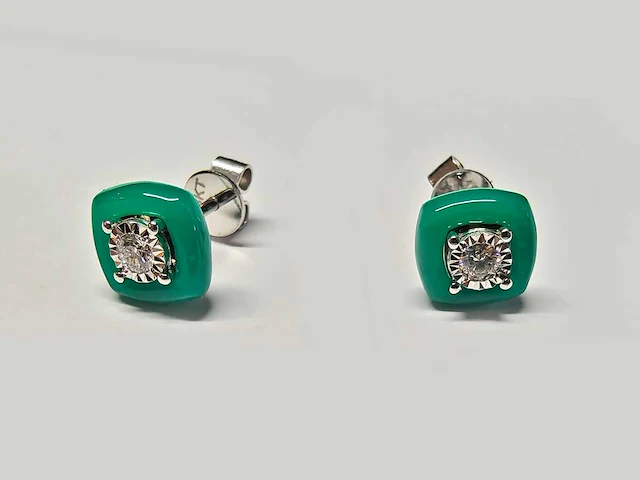 18kt white gold diamond earring - emerald green - afbeelding 3 van  3